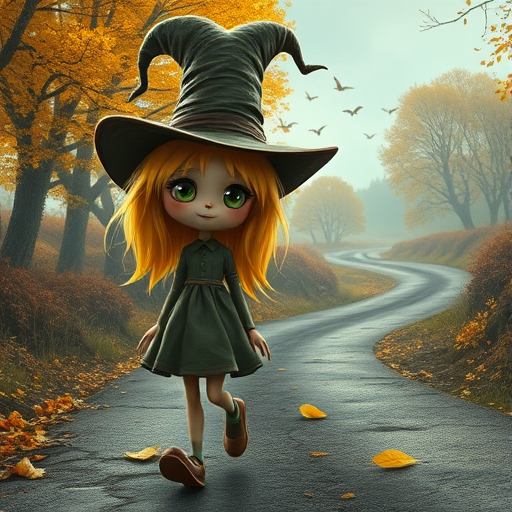 digital art fantasy depicting a strange girl with Yellow hair, long eyelashes, green lipstick and a tall hat walking along a winding road on an autumn afternoon, an Earthworm smiles as she passes