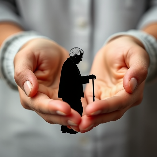 Create an image of two hands gently cupping a stylized black and white silhouette of an elderly person with a cane and a caregiver, shot with a Canon EOS R5 at f/4, ISO 100, 24mm focal length, using a soft focus background to enhance the main subject.