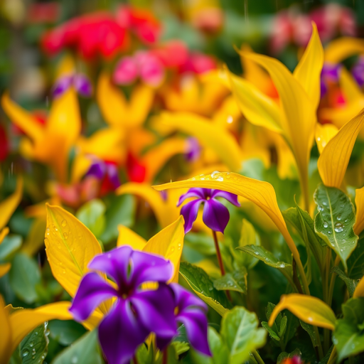 Regenerate a vibrant, close-up scene of colorful plants in a rain-soaked garden, featuring lush yellow leaves and purple flowers, with droplets of water beading on the foliage, soft bokeh background, shallow depth of field, using a DSLR camera, 85mm lens, f/1.8 aperture, ISO 200, shutter speed 1/200s, natural lighting.
