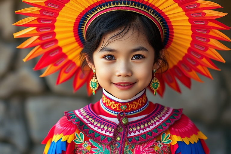 A beautiful Lao girl, wearing colorful bird clothing with vibrant colors