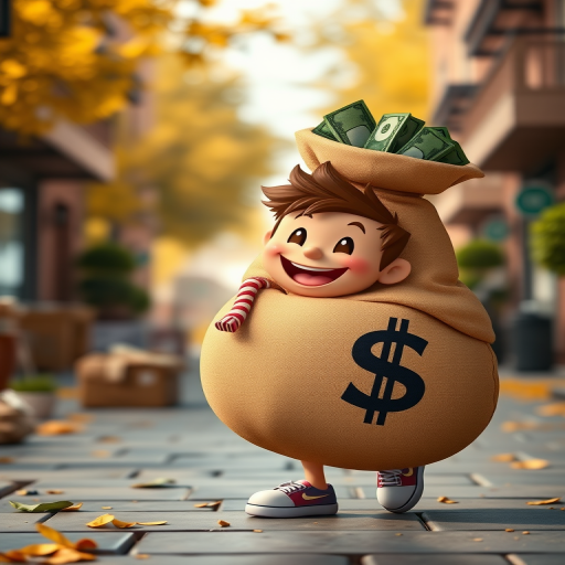 Generate a high-resolution image of a cartoon character happily carrying a large sack of money with a dollar sign, using a DSLR camera with a 50mm lens at f/2.8, ISO 100, shot from a low angle with soft lighting to enhance details and contrast.