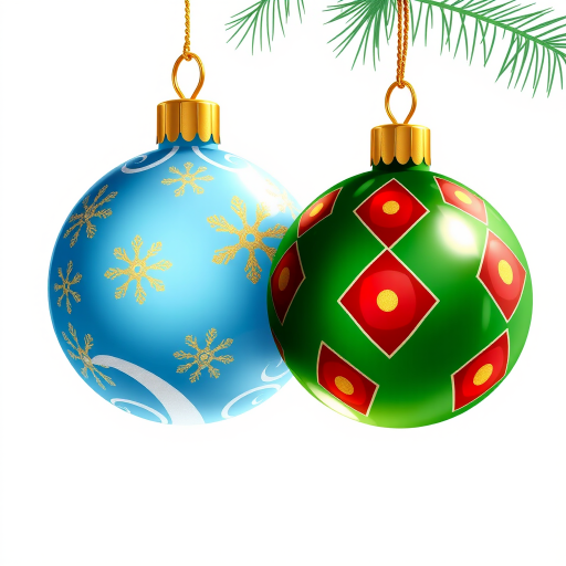 Create a vibrant, high-resolution illustration of two holiday ornaments, one in light blue with white swirls and golden snowflakes, and the other in rich green with red diamonds and yellow circles, shot with a DSLR camera at f/2.8, 50mm lens, ISO 100, in soft natural lighting to enhance details and colors.