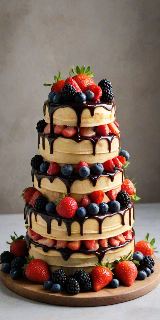 Generate an image of a tall, layered cake with thin crepes stacked high. The cake is decorated with a variety of fresh berries such as strawberries, blueberries, and blackberries, along with a glossy fruit glaze on top. It is placed on a wooden cake stand, set against a light, neutral background with a rustic feel.