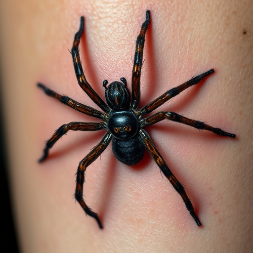 Hyper-realistic 3D spider tattoo creating the illusion of an arachnid crawling on the skin, with meticulous attention to detail in texture, shadows, and highlights for a startling trompe l'oeil effect