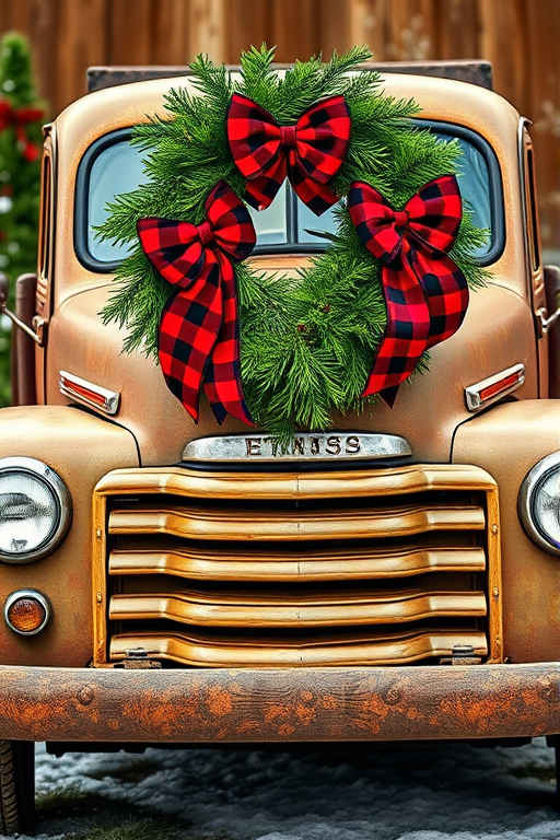 Generate an image of a vintage truck with a rustic appearance. The truck should have a festive Christmas wreath attached to the front, featuring lush green foliage and two large red and black checkered bows. The setting should evoke a warm holiday atmosphere, possibly with hints of winter greenery in the background.