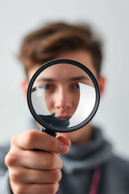 Create a high-resolution image of a person holding a magnifying glass, centered in the frame, with a shallow depth of field, using a DSLR camera with a 50mm lens, aperture set to f/1.8, ISO 100, and a soft, well-lit background to enhance clarity and focus.