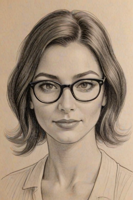 Charming Marisol Nichols, pencil sketch, portrait of Beauteous woman 1929s in glasses, hair style beatnik, outline, clear lines, fine lines, 8k