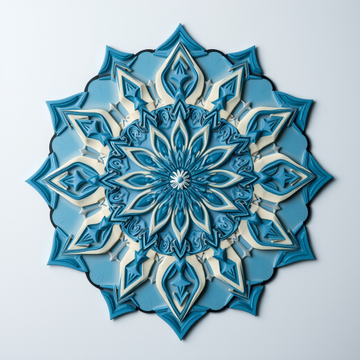 Create a symmetrical mandala design featuring intricate geometric patterns and a soothing color palette of soft blues and creams, captured with a Canon EOS R5 at f/8, ISO 100, 50mm lens, top-down view, studio lighting for enhanced detail and vibrancy.