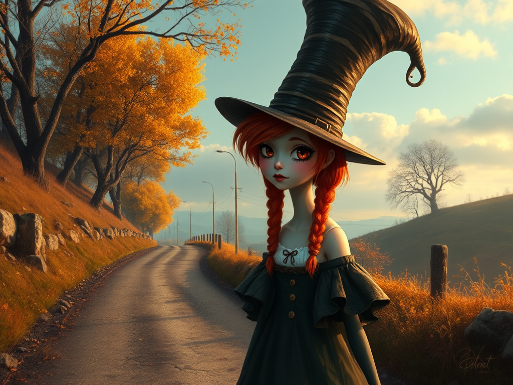 digital art fantasy depicting a strange girl with orange hair, long eyelashes, brown lipstick and a tall hat walking along a winding road on an autumn afternoon, an Oyster smiles as she passes