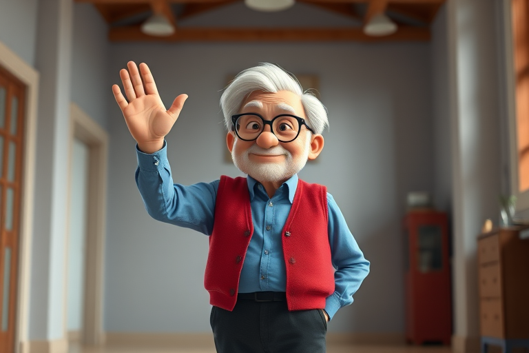 Create a high-resolution image of a cartoon elderly man with white hair and glasses, wearing a blue shirt, red vest, and black pants, waving; set camera to 50mm lens, f/2.8 aperture, ISO 100, in a well-lit environment with soft diffused lighting, capturing from a slightly low angle for a dynamic perspective.