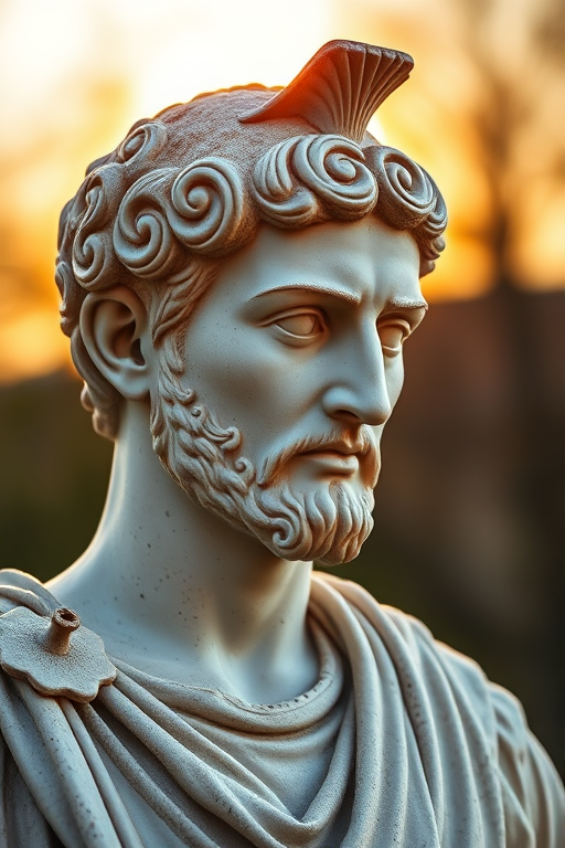 Create a detailed image of a Roman statue of Julius Caesar, outdoors during golden hour, with soft natural lighting, focusing on intricate details and textures, using a DSLR camera with a 50mm lens, aperture set to f/1.8, ISO 100, and a shallow depth of field for a creamy background blur.