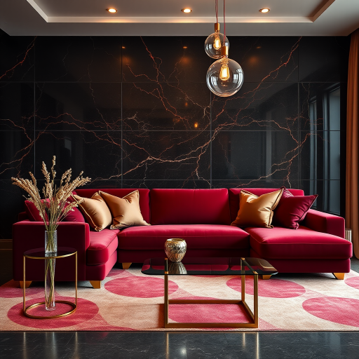 interior of a modern living room with a luxurious burgundy velvet sectional sofa, gold accents and decorative pillows, a stylish glass side table with a vase of dried flowers, a dark marble wall with red and gold veining, dim warm lighting from hanging glass pendant lights, DSLR camera, aperture f/1.8, ISO 100, 50mm lens, shot from a slightly elevated angle to capture the depth and elegance of the scene