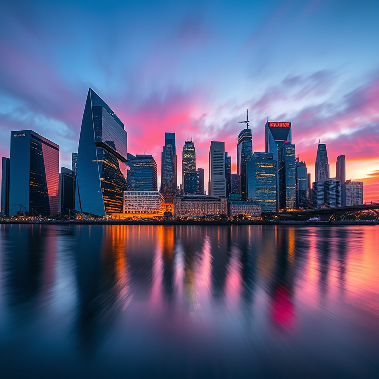 Generate a high-resolution image of a sleek, modern city skyline at dusk with vibrant colors reflecting on water, captured with a Canon EOS R5, 24mm lens, f/8 aperture, ISO 200, and long exposure of 5 seconds, using a wide-angle view for depth and clarity.