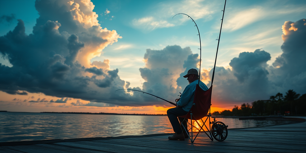 fisherman sitting on a chair by the water at sunset with dramatic clouds overhead, 50mm lens, f/1.8 aperture, ISO 200, shutter speed 1/250s, taken from a low angle to emphasize the scenery, DSLR camera, natural light