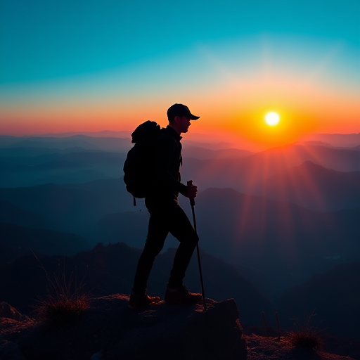 Generate a vector-style landscape image featuring a hiker silhouetted against a sunrise over layered blue mountains, using a Canon EOS R with a 24-70mm f/2.8 lens at f/8, ISO 100, and a wide-angle view to enhance depth and detail.