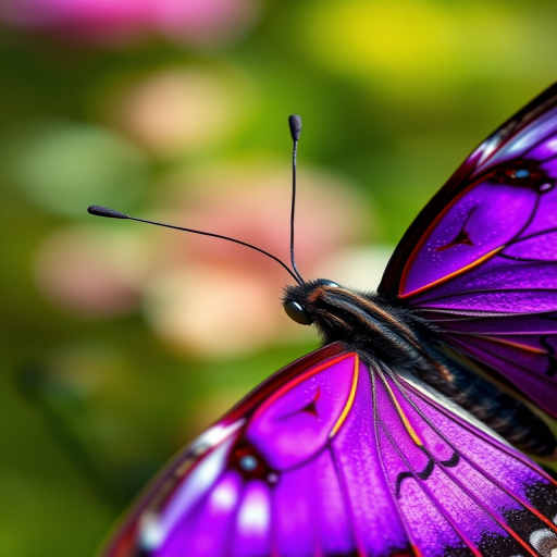 generate a highly detailed illustration of a vibrant purple butterfly with intricate wing patterns, shot with a Canon EOS R5 at 50mm f/1.8, aperture priority mode, natural lighting, focusing on vivid colors and sharp details.