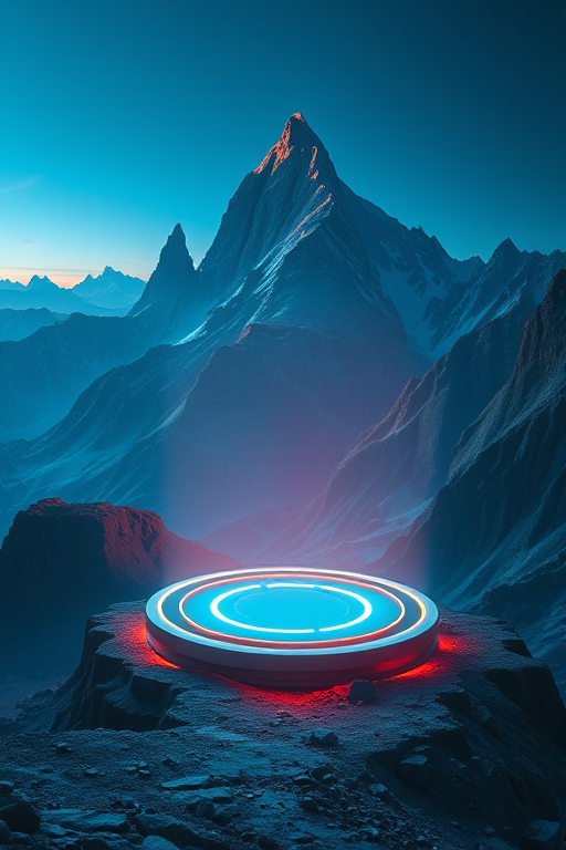 futuristic mountain landscape with a glowing circular platform, vibrant blue and orange lighting, photorealistic style, Canon EOS R5, 24mm f/1.4 lens, aperture f/2.8, ISO 200, 1/125 sec, high dynamic range imaging