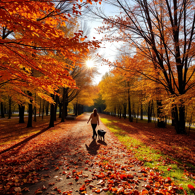 Colorful autumn landscape, with leaves falling gently from trees, a woman walking her dog along a leaf-strewn path, and the sun shining warmly through the branches.