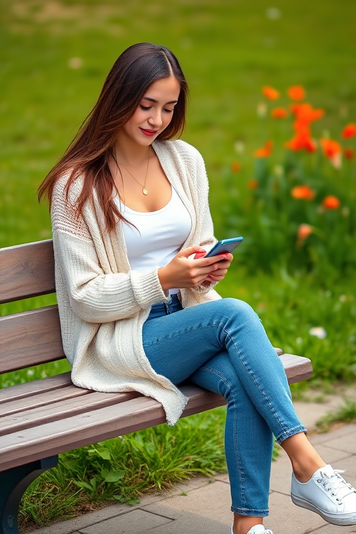Portrait of a young woman sitting on a park bench, using a smartphone, wearing a white top and a knitted cardigan, casual jeans and sneakers, green grass and poppies in the background, shoot with a 50mm lens at f/2.8, ISO 200, natural light, DSLR camera.
