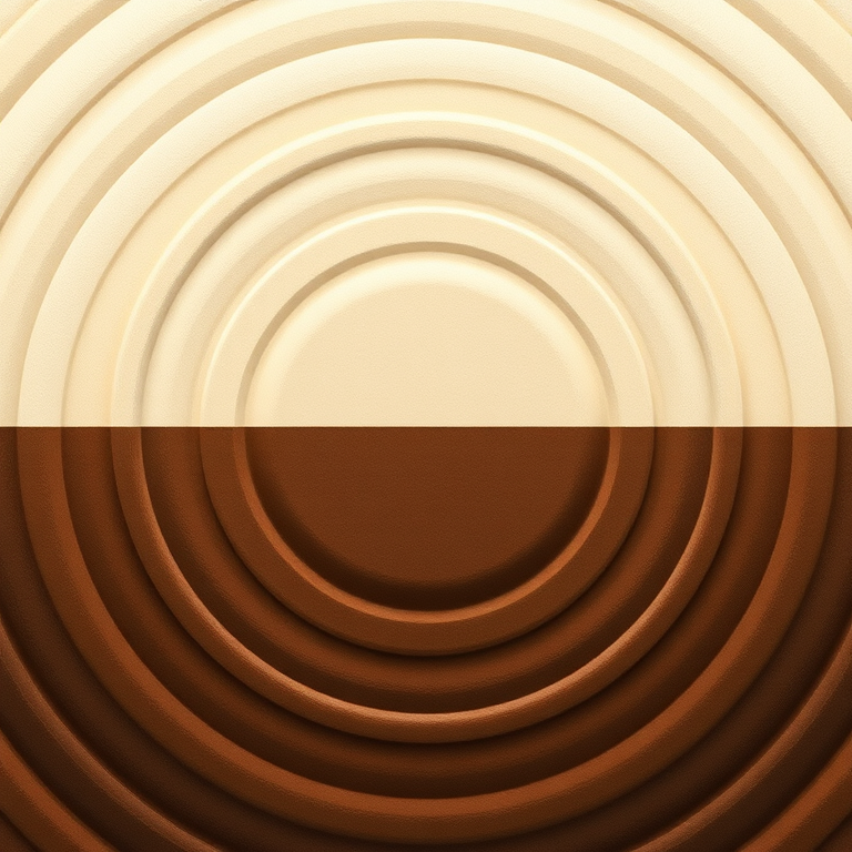 Create a clean, symmetrical pattern of concentric circles with a gradient from light cream to dark brown, using a DSLR camera with a focal length of 50mm, aperture set to f/8, ISO 100, shot from a top-down view with soft lighting to enhance texture and depth.