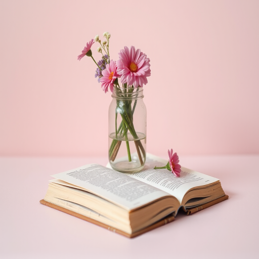Create a still life image featuring a jar with flowers placed on top of a closed book, with a soft pastel background, using a DSLR camera, 50mm lens, aperture f/4, ISO 100, soft natural lighting.