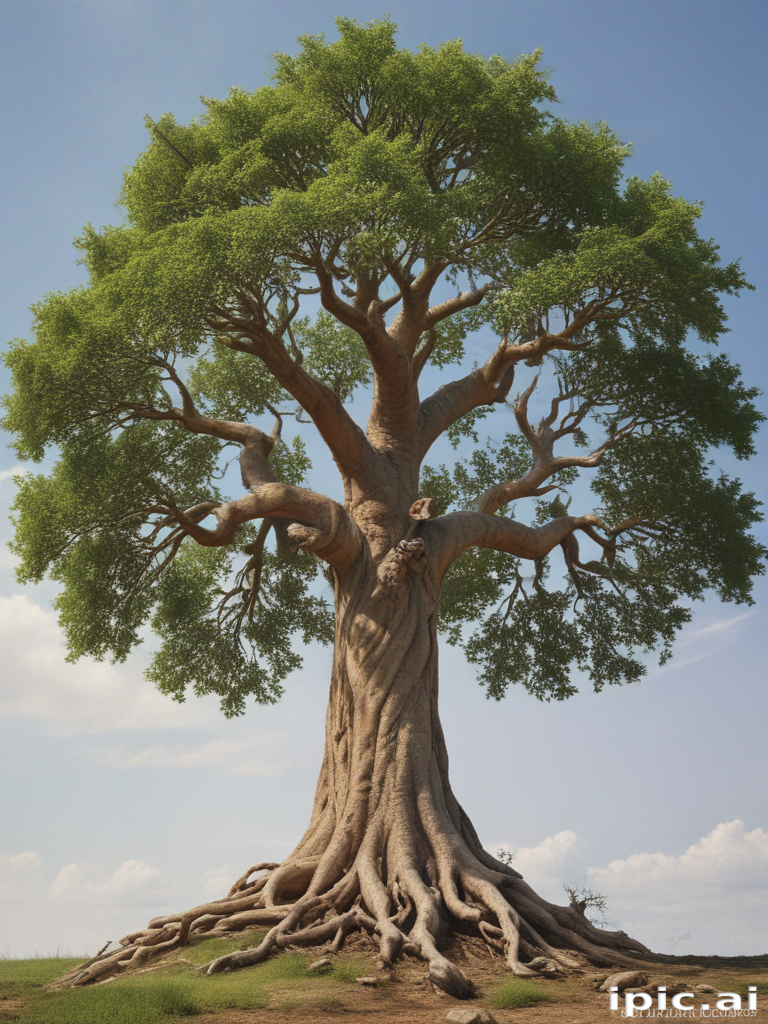 Majestic Tree with Expansive Canopy and Deep Roots Against a Clear Sky