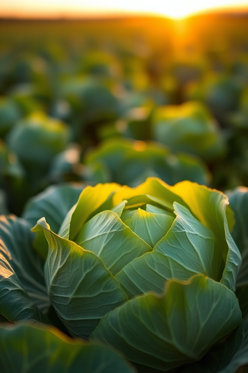 Close-up of a vibrant green cabbage in a lush field during golden hour, with soft natural lighting, using a Canon EOS R5, f/4 aperture, 1/200 sec shutter speed, ISO 100, 50mm lens, shallow depth of field for a blurred background.