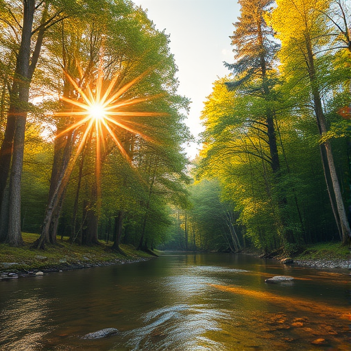 Create an image of a serene, sunlit forest scene with a clear, gently flowing river. Tall trees with lush green foliage line both sides of the river, their leaves bathed in the warm golden light of the setting or rising sun. The sunlight filters through the trees, casting soft, dappled light on the river, which flows over smooth rocks and pebbles, creating a peaceful, natural atmosphere. The sky is bright with a few scattered clouds, and the overall mood is tranquil, evoking a deep sense of connection with nature. The image captures the beauty of a calm, pristine forest landscape at either dawn or dusk.