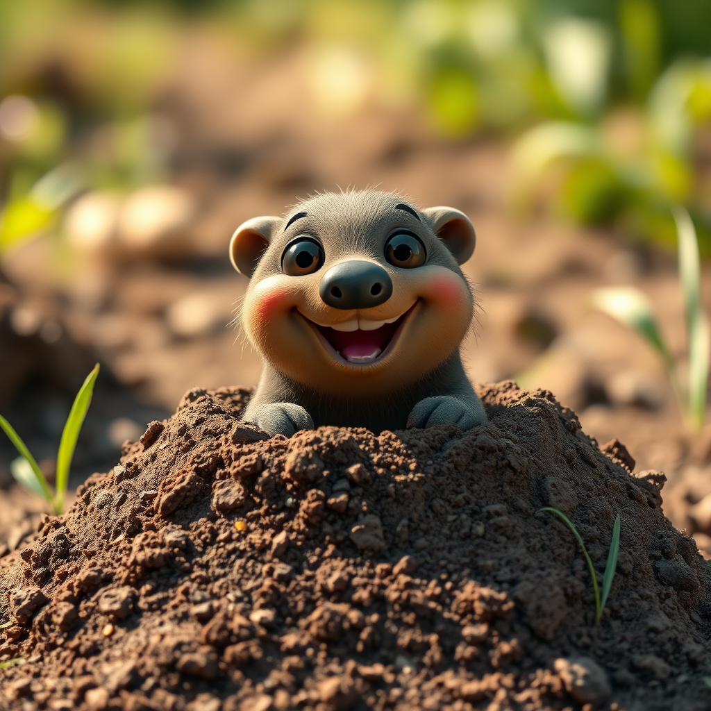 Create a vibrant cartoon-style image of a happy mole popping out of a dirt mound, captured with a Canon EOS R5 at f/2.8, ISO 100, 50mm lens for sharpness and detail, with a slight low-angle view to emphasize the mole's expression and the texture of the soil, using natural lighting for enhanced color saturation.