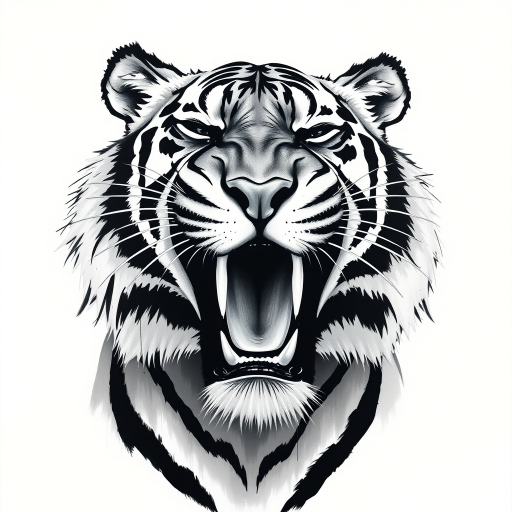 Abstract black and white acrylic portrait of an over exaggerated laughing (tiger). Minimalism style. White background.
