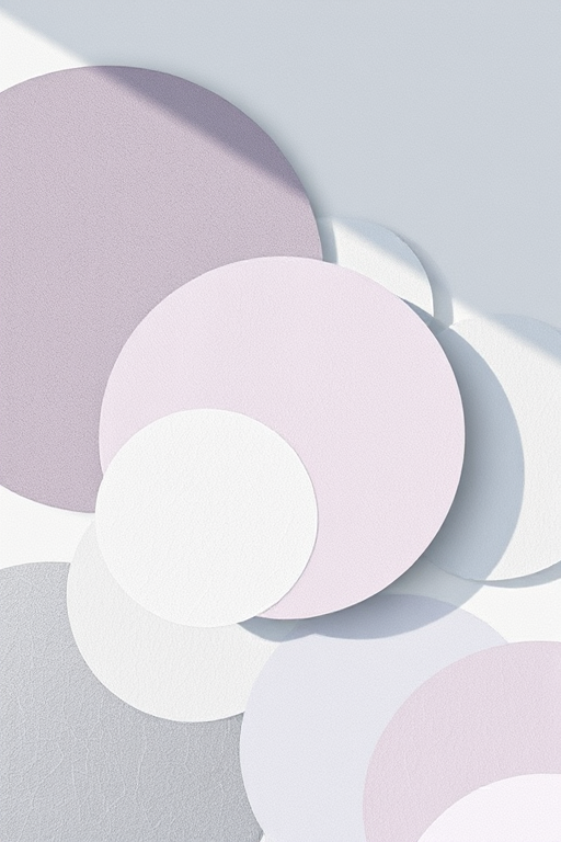 Create an abstract composition of overlapping circles in shades of gray, lavender, and white with textured patterns and soft gradients, using a Canon EOS R5 camera, 50mm lens, f/2.8 aperture, 1/125 shutter speed, and soft natural lighting for enhanced image quality.