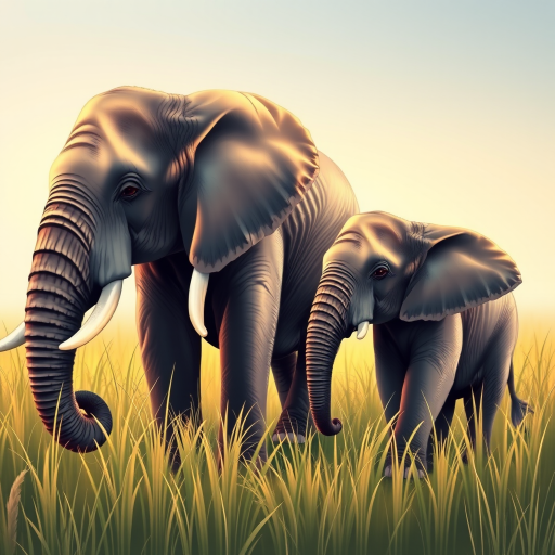 Generate a detailed illustration of an adult elephant and a baby elephant standing in tall grass with a soft gradient background, using a wide-angle lens, f/8 aperture, ISO 100, and a digital painting style for enhanced clarity and vibrancy.
