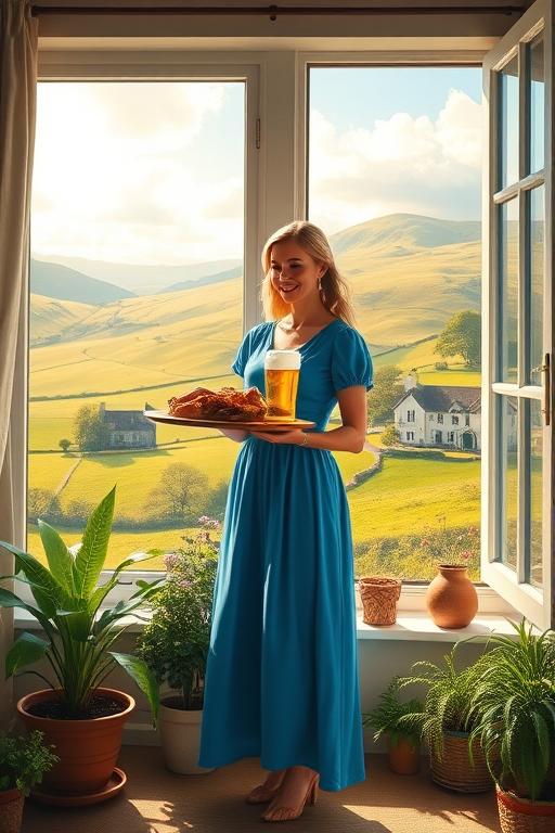 In "A Glass of Beer on the Highland," a serene scene is depicted in a sunlit room where a woman in a vibrant blue dress stands by a large window. She holds a tray with a hearty meal and a frothy glass of beer, embodying a moment of relaxation. Outside, the breathtaking highland landscape features rolling green hills and a charming traditional house, all bathed in warm afternoon light. The interior is adorned with potted plants, creating a harmonious blend of comfort and nature. The painting beautifully captures the tranquility and joy found in simple pleasures amidst stunning scenery
