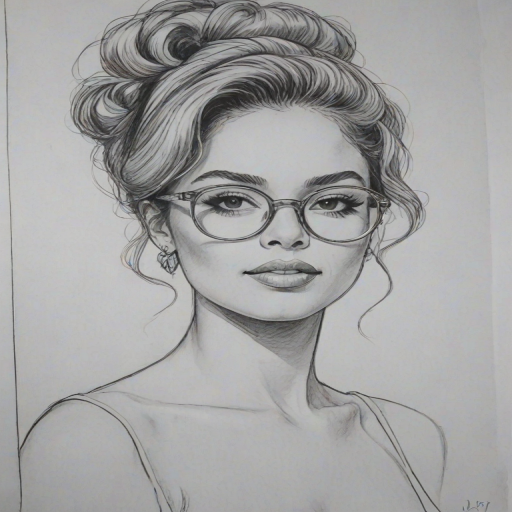 Graceful DaniLeigh, pencil sketch, portrait of Stunning woman 1966s in glasses, hair style beatnik, outline, clear lines, fine lines, 8k