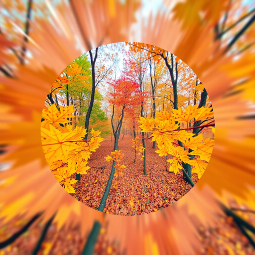 Regenerate the image of a stylized forest scene with autumn leaves in a circular frame, focus on vibrant colors and geometric shapes, using a Canon EOS R5, wide aperture f/1.8, ISO 100, 50mm lens, overhead view, digital art style.