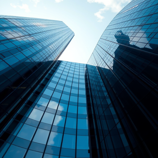 high-resolution image of a modern skyscraper with a glass facade, shot from a low angle to capture the height, using a DSLR camera with a 50mm lens, aperture f/8, shutter speed 1/250s, ISO 100, bright daylight, emphasizing reflections and the sky in the background