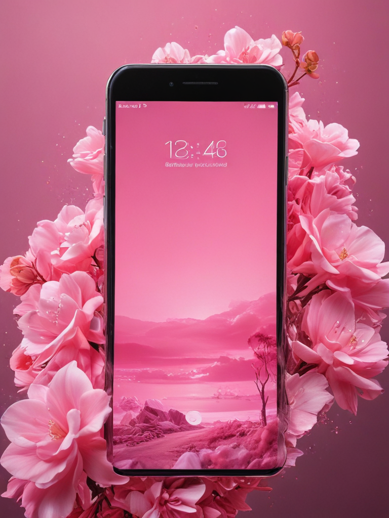 A Beautiful Pink-Themed Smartphone Surrounded by Vibrant Pink Flowers