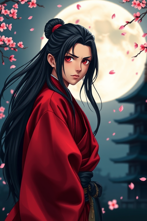 Create an image of a young samurai with long black hair and red eyes, wearing a traditional red kimono, standing against a full moon background with cherry blossom petals falling, in a Japan-inspired landscape with silhouettes of pagodas, captured with a DSLR camera at f/1.8, ISO 100, 50mm lens, with a focus on sharp details and vibrant colors.