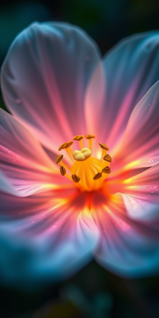 Create a highly detailed image of a luminous, ethereal flower with glowing petals and radiant core, shot with a Canon EOS R5 at f/1.8, ISO 100, 50mm lens, in a macro view, using soft focus and long exposure techniques to enhance the light effects.