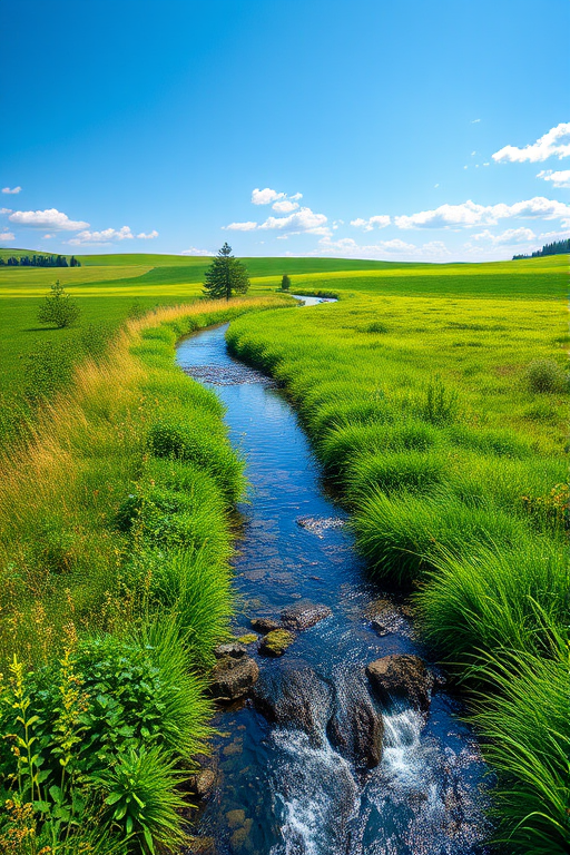 Create a high-resolution image of a serene landscape with a clear blue sky, lush green fields, and a gentle stream flowing through the scene, captured with a DSLR camera at f/8 aperture, ISO 100, shutter speed 1/250s, using a wide-angle lens from a low angle view to emphasize depth and vibrancy.