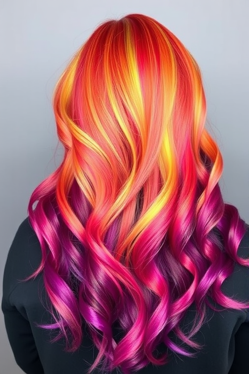 Whimsical rainbow ombré style called "Prism Cascade" blending seamlessly from vibrant red roots through the color spectrum to deep purple ends