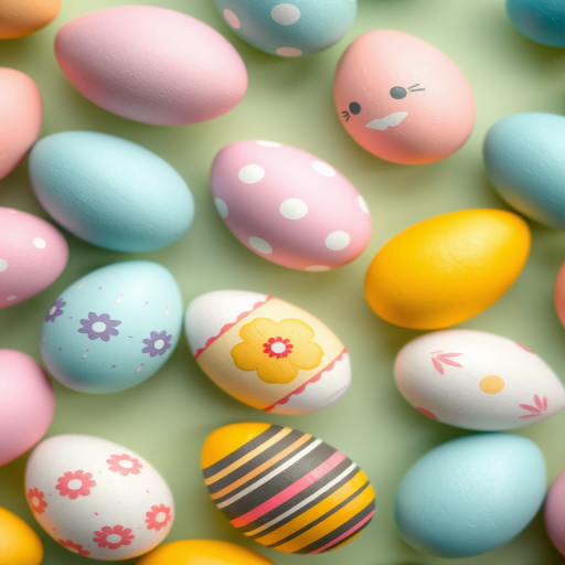 Create a pastel pattern featuring decorated Easter eggs in various colors and designs, set against a light green background, with a soft focus effect, using a DSLR camera set to f/5.6, ISO 200, and a 50mm lens for enhanced clarity and depth of field.