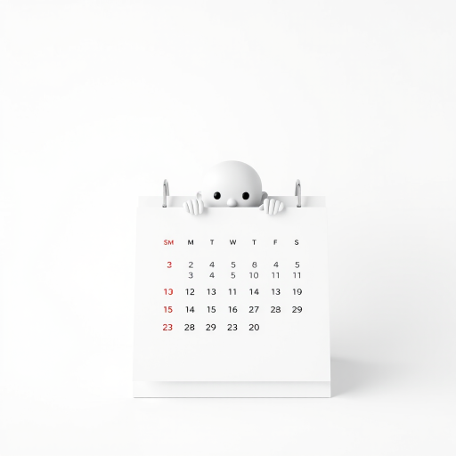 create a 3D rendered image of a minimalist character peeking from a blank calendar stand with a white background, using a Canon EOS R5 camera, 50mm lens, f/2.8 aperture, ISO 100, 1/125s shutter speed, top-down view, studio lighting for enhanced clarity