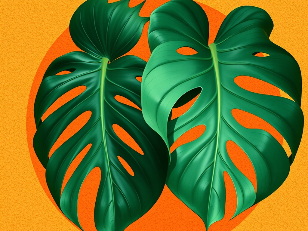 Create an illustration of two monstera leaves intertwined on a textured orange circular background, using a digital art style with vibrant colors and smooth lines, shot in high resolution with a Canon EOS R5 at f/2.8, ISO 100, 50mm lens, soft natural lighting for enhanced detail and clarity.