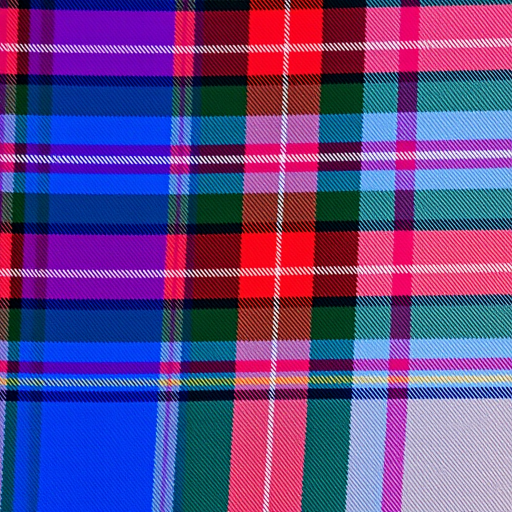 Generate a high-resolution image of a colorful plaid pattern with vibrant blue, purple, brown, and light beige colors, using a DSLR camera, 50mm lens, f/1.8 aperture, ISO 100, and a shallow depth of field for enhanced clarity.