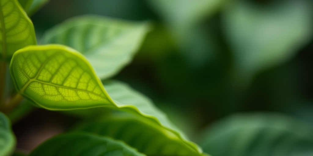 Close-up of textured green leaves with soft bokeh background, aperture f/2.8, shutter speed 1/200s, ISO 200, natural light, macro lens, DSLR camera.