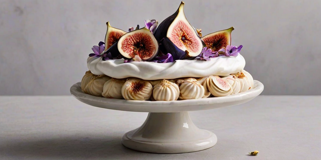 Create an image of an elegantly presented dessert featuring a smooth, creamy meringue topped with fresh figs and delicate edible flowers. The dessert should be arranged on a simple white pedestal dish, set against a neutral background that enhances its colors and textures. The meringue should have a swirled, fluffy appearance, and the overall composition should convey a sense of sophistication and indulgence.