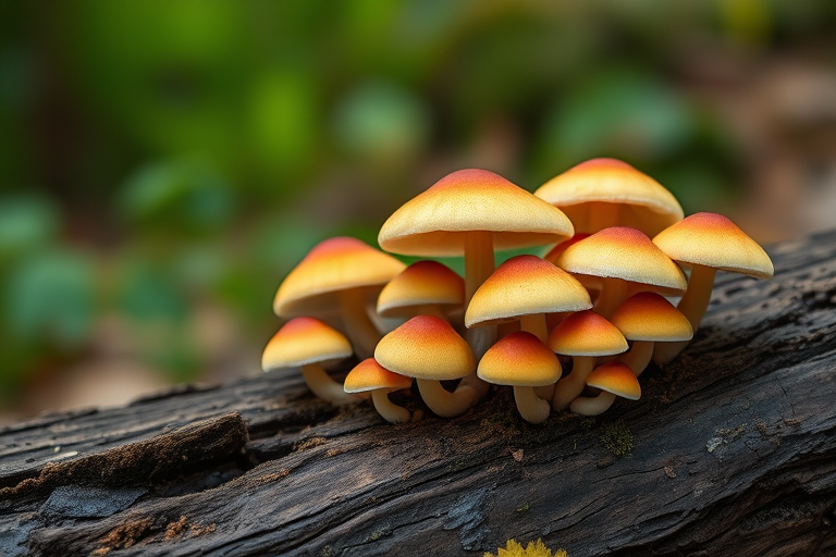Mushrooms growing on a woodland log, shallow depth of field, soft natural lighting, ISO 100, f/2.8 aperture, 50mm lens, DSLR camera, macro photography style, vibrant colors.