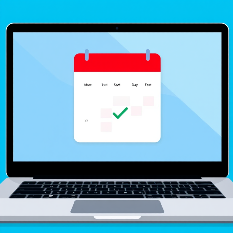 Create a digital illustration of a calendar app interface displayed on a laptop screen, featuring a bright blue background, a red header for the calendar, a checkmark on the calendar page, and an alert notification icon next to it, using a high-resolution setting of 300 DPI, with a focal length of 50mm, shot from a straight-on view in a flat design style.