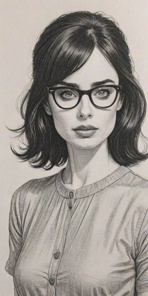 Fetching Krysten Ritter, pencil sketch, portrait of Dazzling woman 1964s in glasses, hair style beatnik, outline, clear lines, fine lines, 8k